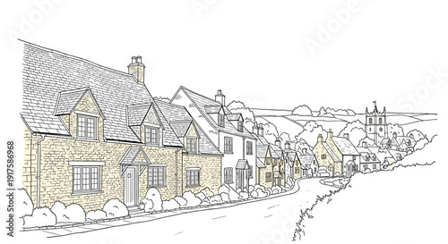 Charming english village street line art with rustic cottages and countryside
