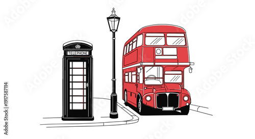 Iconic british red bus and telephone booth in minimalist urban scene