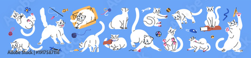 Set of cute white cat. Naughty kitty asks for food or attention. Happy, scared and angry emotions of kitten. Pet plays, has fun and relaxes. Animal's behavior. Flat isolated vector illustrations