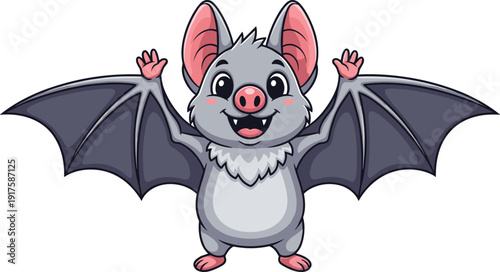 Cute smiling bat cartoon character with spread wings, adorable Halloween mascot vector illustration isolated on white background for kids design and decoration