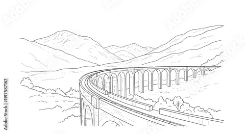 Scenic railway bridge across rolling hills and mountains in black and white linear drawing
