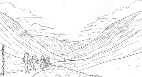 Line art landscape with hikers in mountain valley