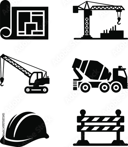 Construction with crane cement truck hard hat and barriers