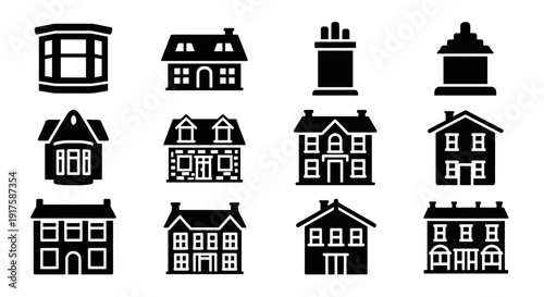 Set of house icons in black silhouette style featuring windows, roofs, and chimneys