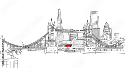 London cityscape with red bus and tower bridge in linear art style