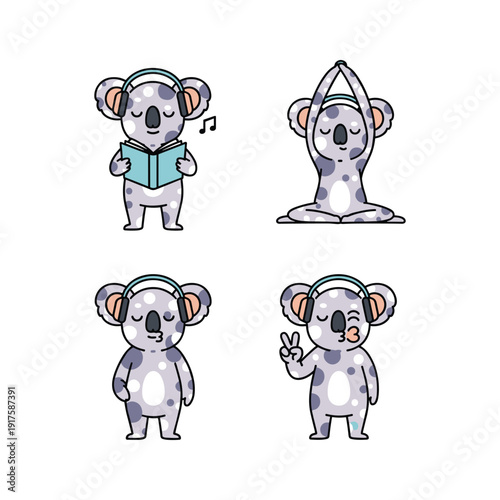 Cartoon koala characters in different poses and activities with copy space