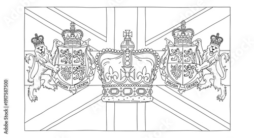Intricate line art of british royal coat of arms with a majestic crown on union jack background