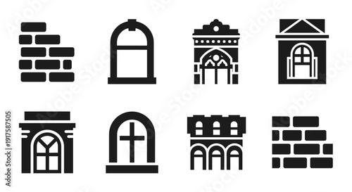 Monochrome architectural elements set with windows and arches