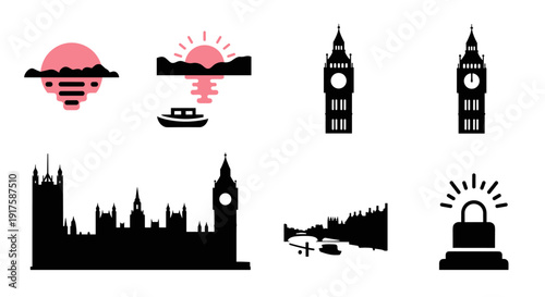Silhouettes of iconic city landmarks and scenes with minimalist design