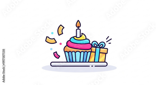 Colorful birthday cupcake with lit candle on laptop wrapped gift box beside festive celebration concept