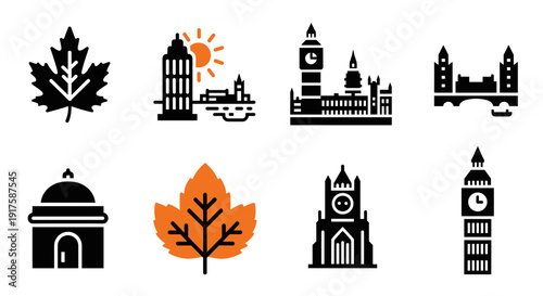 City icon set: london and nature with autumn leaves and landmarks in bold silhouette style