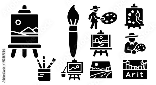Modern art creation elements: brushes, easels, palettes, painters in bold silhouette style