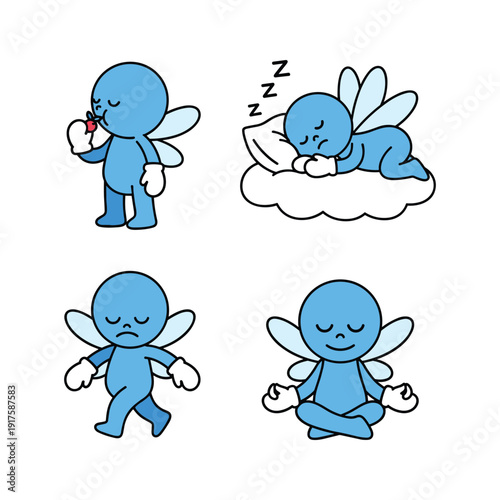 Cartoon blue angel character meditating and sleeping peacefully with serene expressions