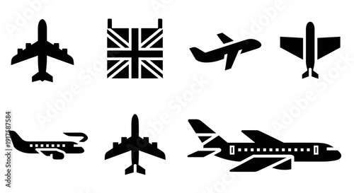 Airplane silhouettes and british flag in simple black design