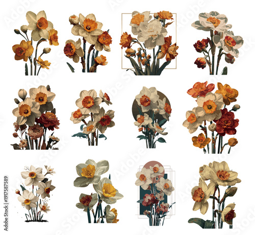 Set of 12 vintage yellow and white daffodil narcissus flower illustrations with geometric frames (Spring garden Easter icon)
(봄 정원 부활절 아이콘 - 기하학적 프레임이 있는 12종의 빈티지 옐로우 및 화이트 수선화 나르시서스 꽃 일러스트 세트)
