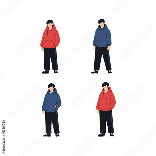 Young man in different colored hoodies standing against a white background with copy space