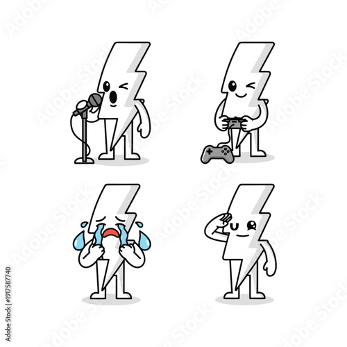 Cartoon lightning bolt characters expressing different emotions and activities with copy space