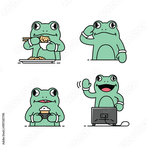 Cartoon frog character eating and working on laptop with happy expression