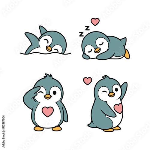 Cute cartoon penguins showing love and sleep with hearts and copy space
