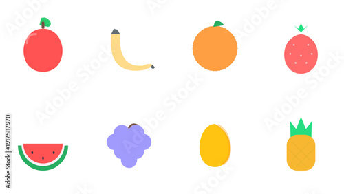 Cute Kawaii Fruit Characters Set Flat Vector Illustration