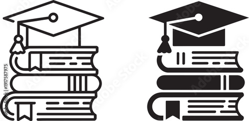 Graduation cap on stack of books icons for higher education university studies academic success