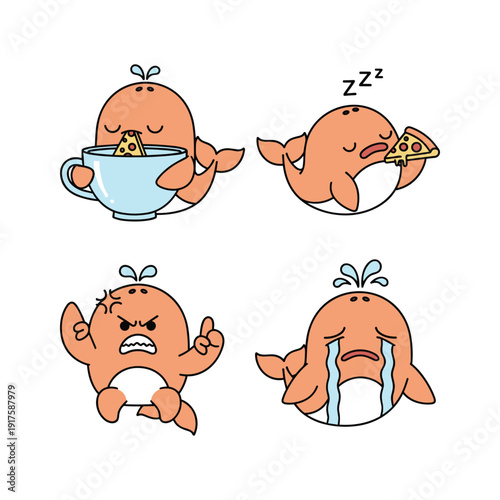 Cute cartoon blob characters expressing different emotions and actions with simple design