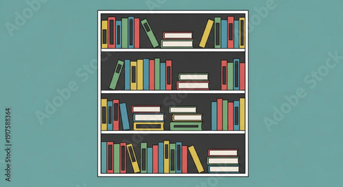 Colorful book collection on a black bookshelf against a teal background symbolizing knowledge and learning
