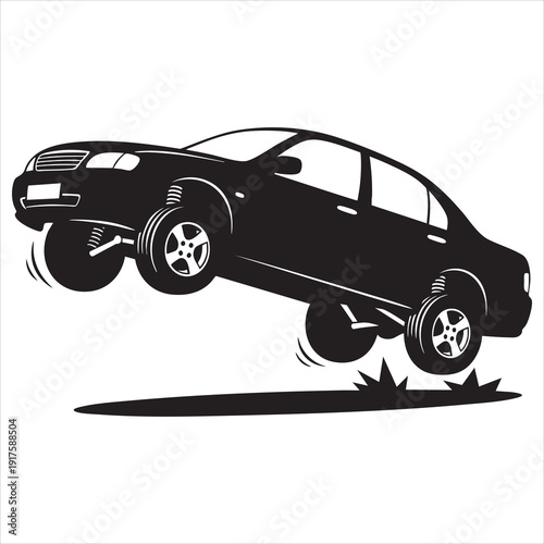 car, lowrider, hopping, hydraulics, jumping, vector, illustration, silhouette, modified, vehicle, sedan, street culture, custom, automotive, 6 wheels, bouncing, action, black and white, graphic, desig