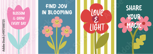 Cute Retro Flower Quote Posters Set, Spring Floral Inspirational Typography Wall Art, Groovy 70s Style Positive Affirmation Cards