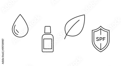 Cosmetic skincare product icons including droplet bottle leaf and shield graphic
