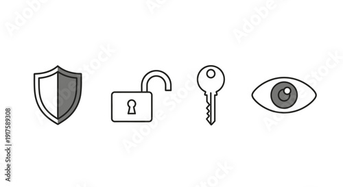 Security and protection concept icons featuring shield padlock key and eye