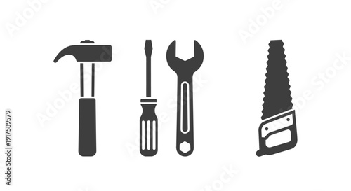 Set of various hand tools silhouettes on white background