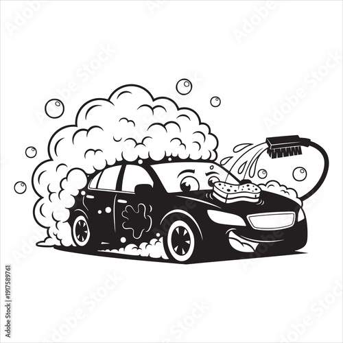 Funny cartoon car wash mascot character with bubbles and water spray vector illustration.
