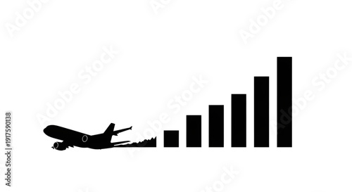 Silhouette of an airplane taking off followed by a rising bar graph showing financial growth