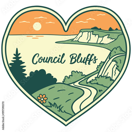 Council Bluffs Iowa Vintage Heart Landscape Illustration with Sunset and Bluffs