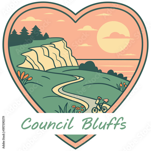 Council Bluffs Vintage Travel Badge with Heart Scenic View and Bicycle