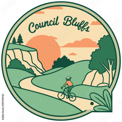 Council Bluffs Iowa Round Scenic Badge Featuring Cyclist at Sunset