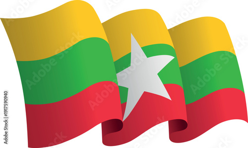 Flag of Myanmar. Ribbon style flag that conveys a sense of movement and waving effect