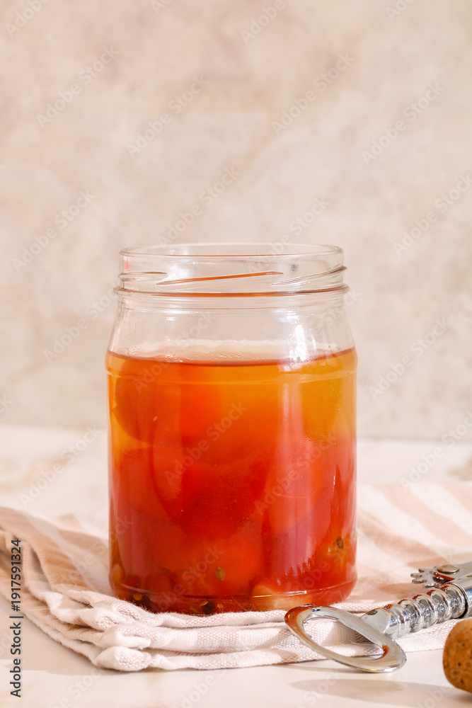 Fototapeta premium Tomato pickles for hangover remedy in a glass jar, demonstrating traditional morning recovery food and fermented vegetables