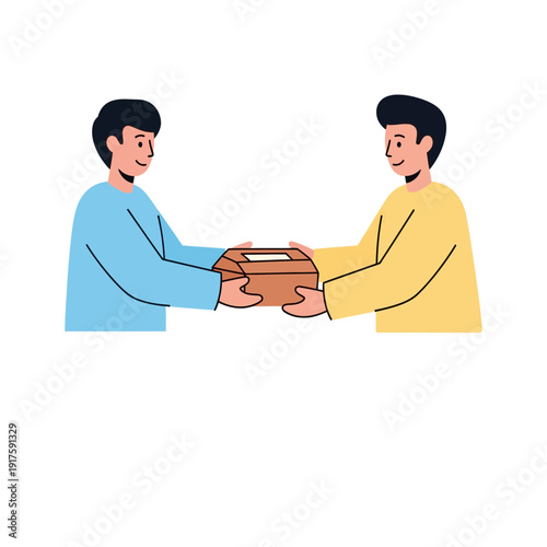 Two men exchanging a box during Ramadhan charity event illustration