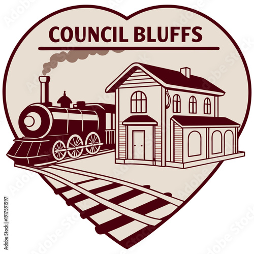 Council Bluffs Iowa Historic Railroad Heart Badge with Steam Locomotive
