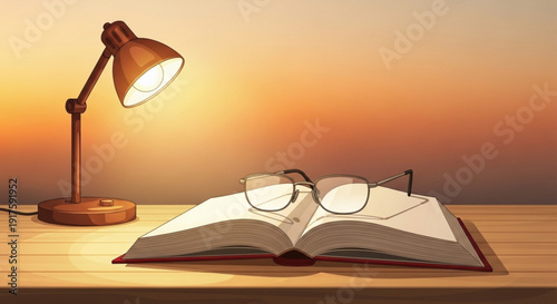Open book with glasses and desk lamp on wooden table at sunset