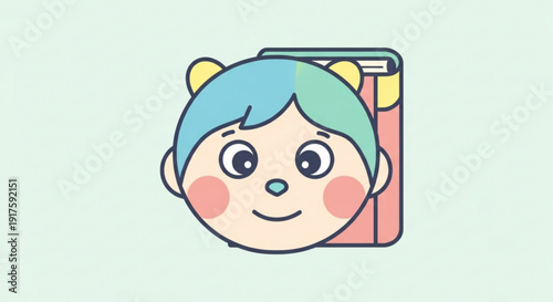 Cartoon child face with blue hair smiling happily on a light green background with a pink object
