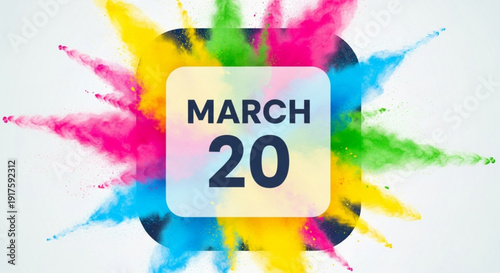 Vibrant colorful paint splashes around march 20 date square on white background celebration concept