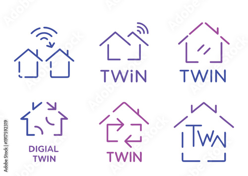 Various graphical representations of digital twins and related concepts shown as logos