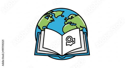 Globe with open book and education symbol on white background representing global learning and knowledge