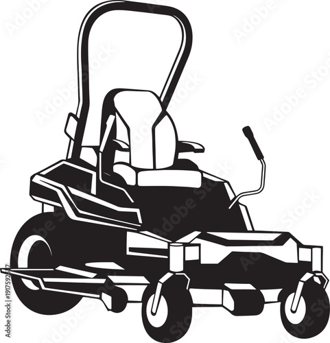 Black silhouette of zero turn riding lawn mower, powerful garden equipment for landscaping and lawn care, comfortable seating and efficient cutting deck.