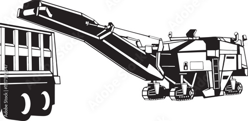 Black silhouette of asphalt milling machine, specialized road construction equipment, preparing surface for resurfacing, heavy machinery detail.