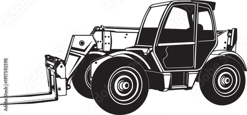 Black silhouette of telehandler machine, versatile heavy duty construction equipment with forks, industrial vehicle for lifting and material handling.