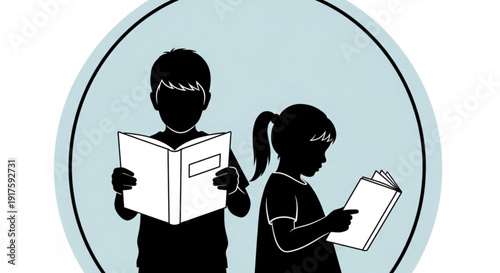 Two children reading books in silhouette against a light blue background with a black circle outline